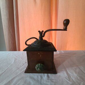 Vintage Antique Wood Coffee Bean Burr Grinder Mill Manual Cast Iron Hand Crank